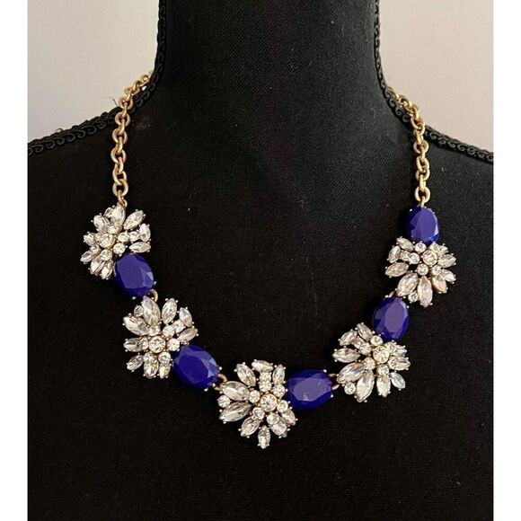 J. Crew Cobalt Royal Blue W Clear Rhinestones Goldtone Statement Necklace Chunky - Picture 1 of 11